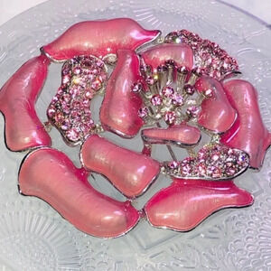 Pink Enamel Flower Brooch with aurora borealis crystal accents